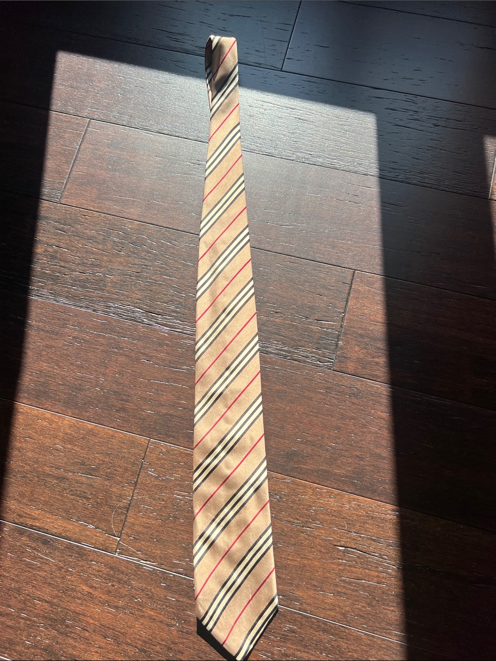 Burberry Beige Silk Tie with Black and Red Stripes